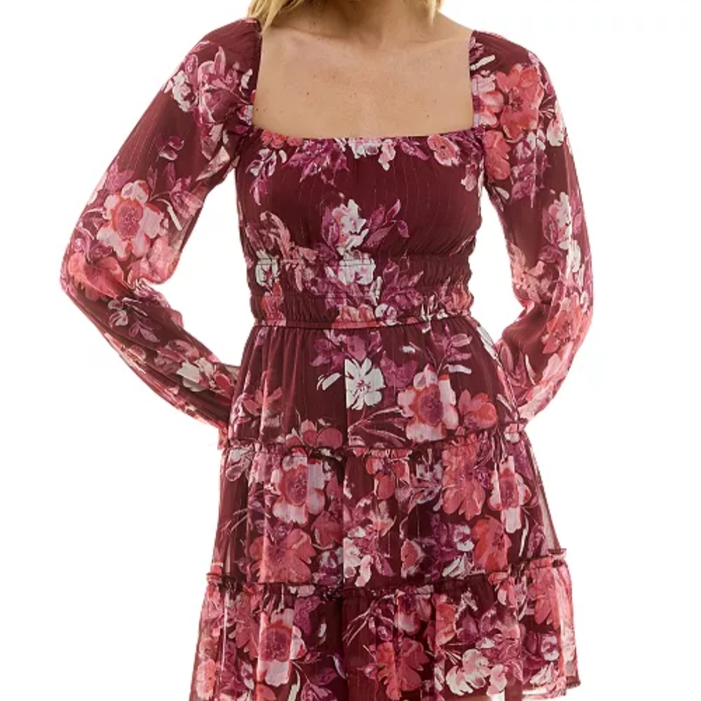 Trixxi| Juniors' Floral Print Blouson-Sleeve Fit & Flare Dress Medium NWT